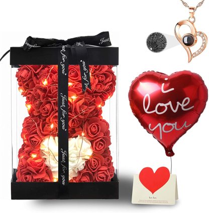 Mother's Day Gift Artificial Rose Teddy Bear Flower Bear With Box String Lights-xinru