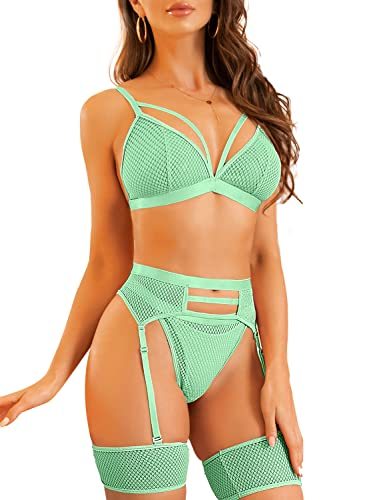 Women's 4 Pieces Exotic Lingerie Set Strappy Fishnet Lingerie Lace Bra and Panty Sets High Waisted Mesh Underwear-xinru shop