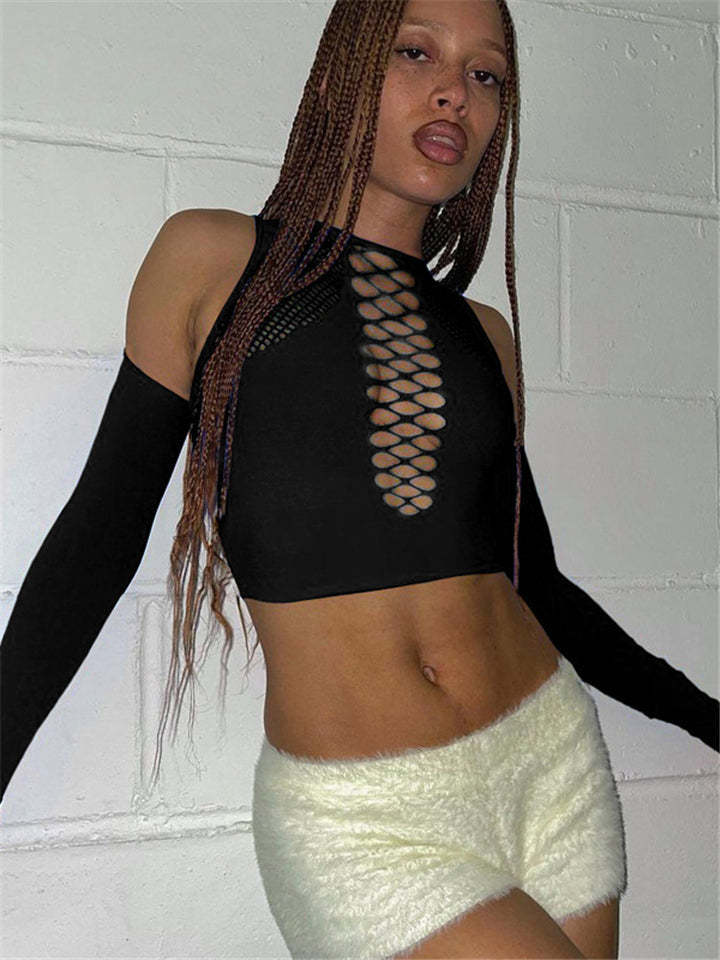 Women's Long Sleeve Solid Hollow Out Bandage Sexy Crop Tops-xinru