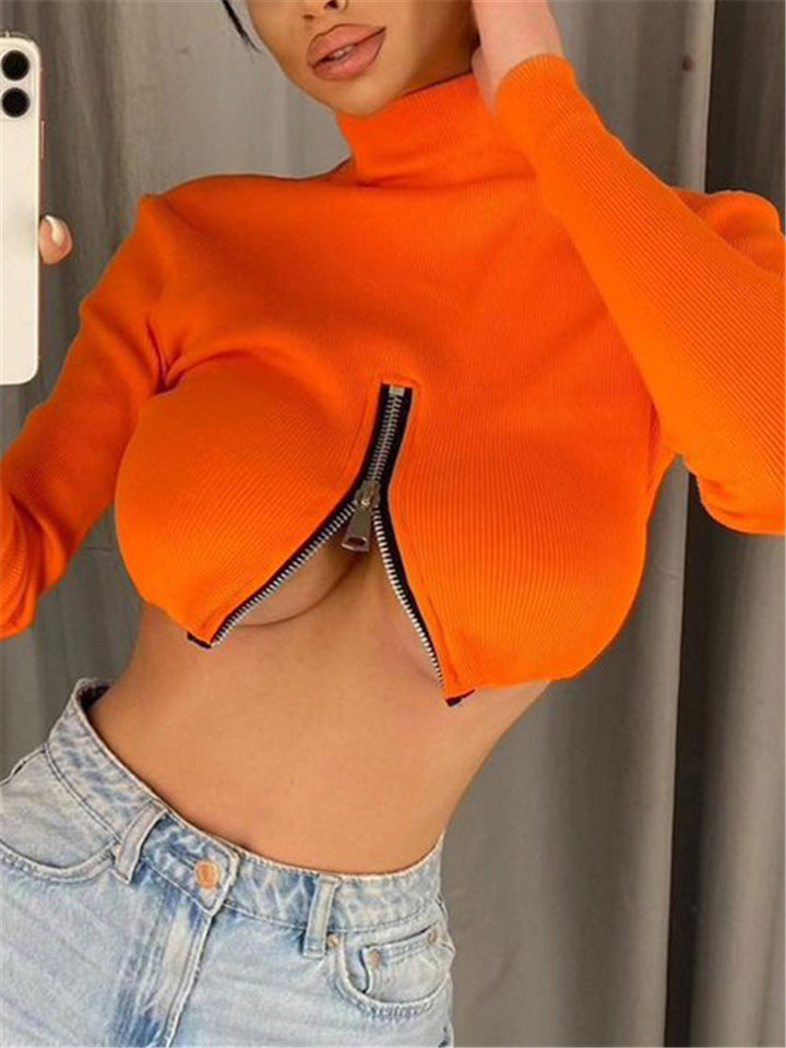 Women High Neck Sexy Zipper Solid Color Crop Tops-xinru