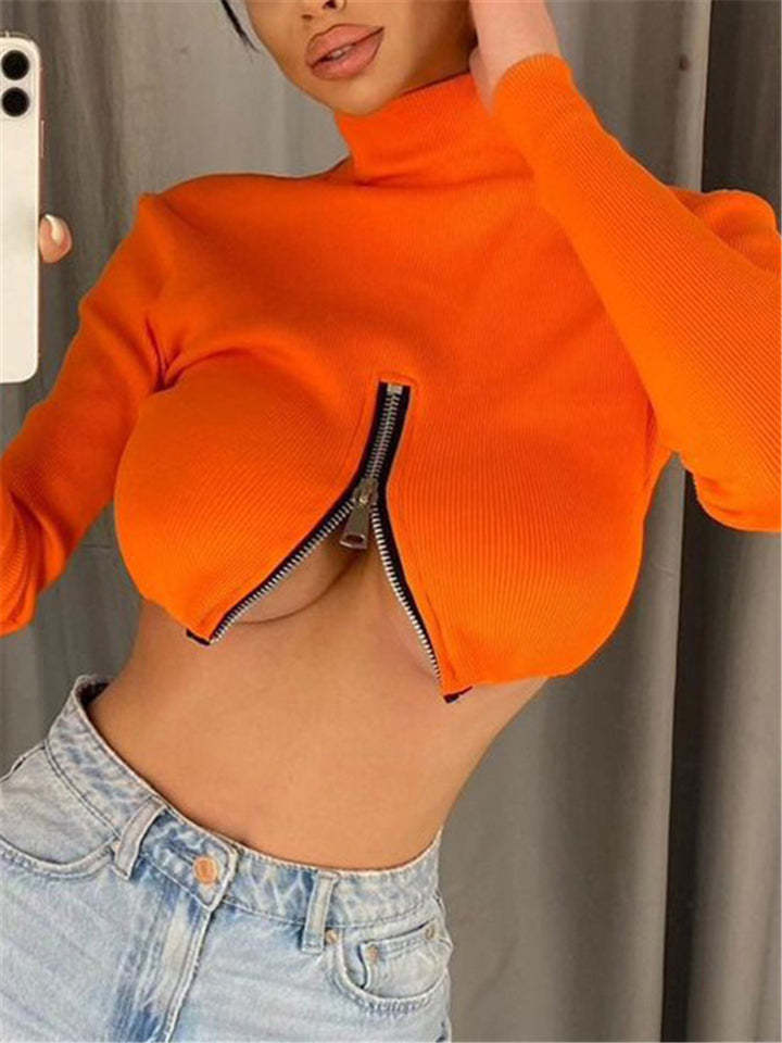 Women High Neck Sexy Zipper Solid Color Crop Tops-xinru