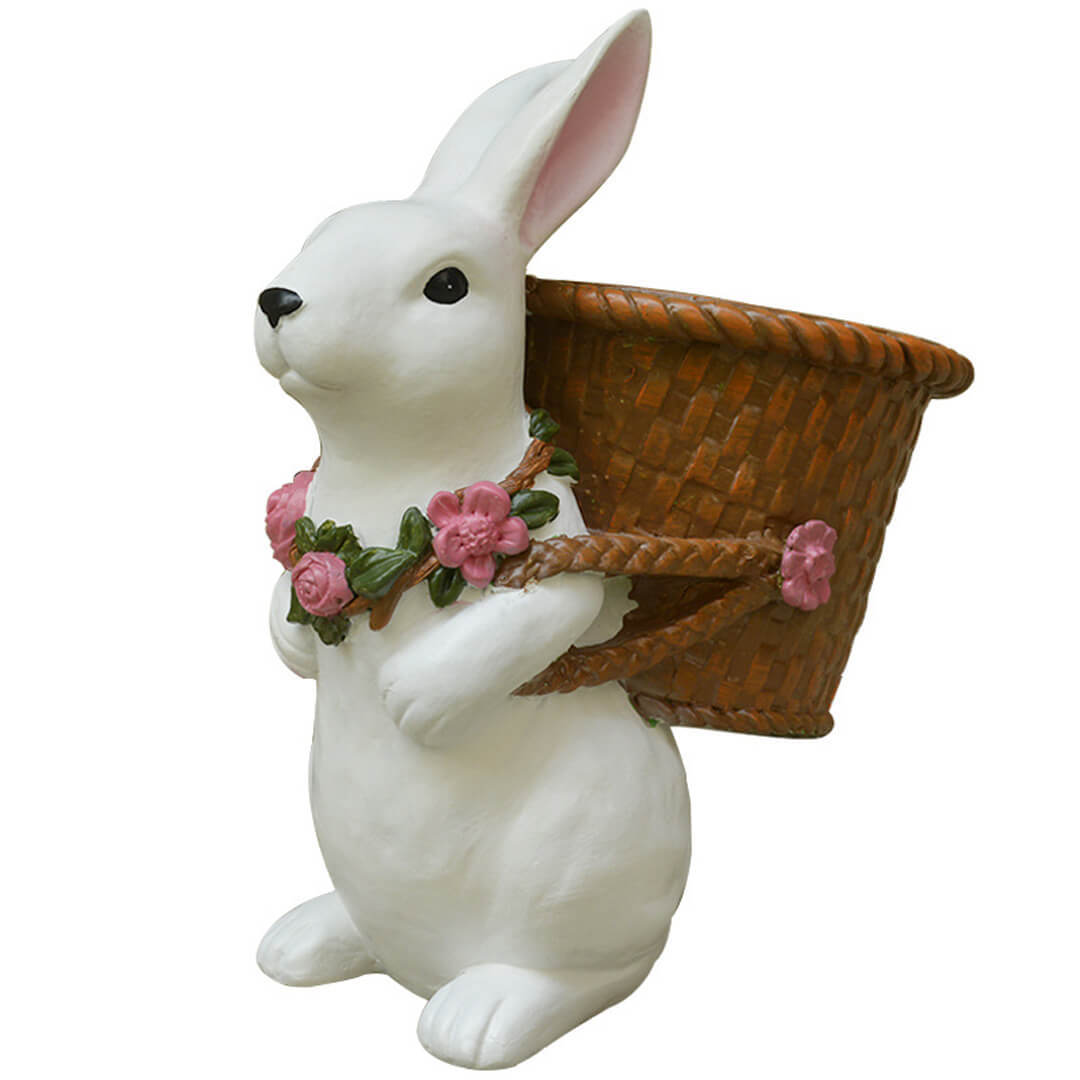 Woven Backet With Cute Rabbit Plastic Sculpture Flower Pot Home Decor-xinru
