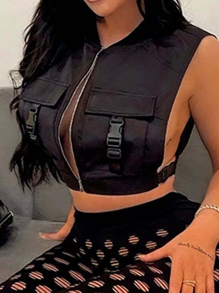 Women Pockets Buckle Zipper Cropped Vest-xinru