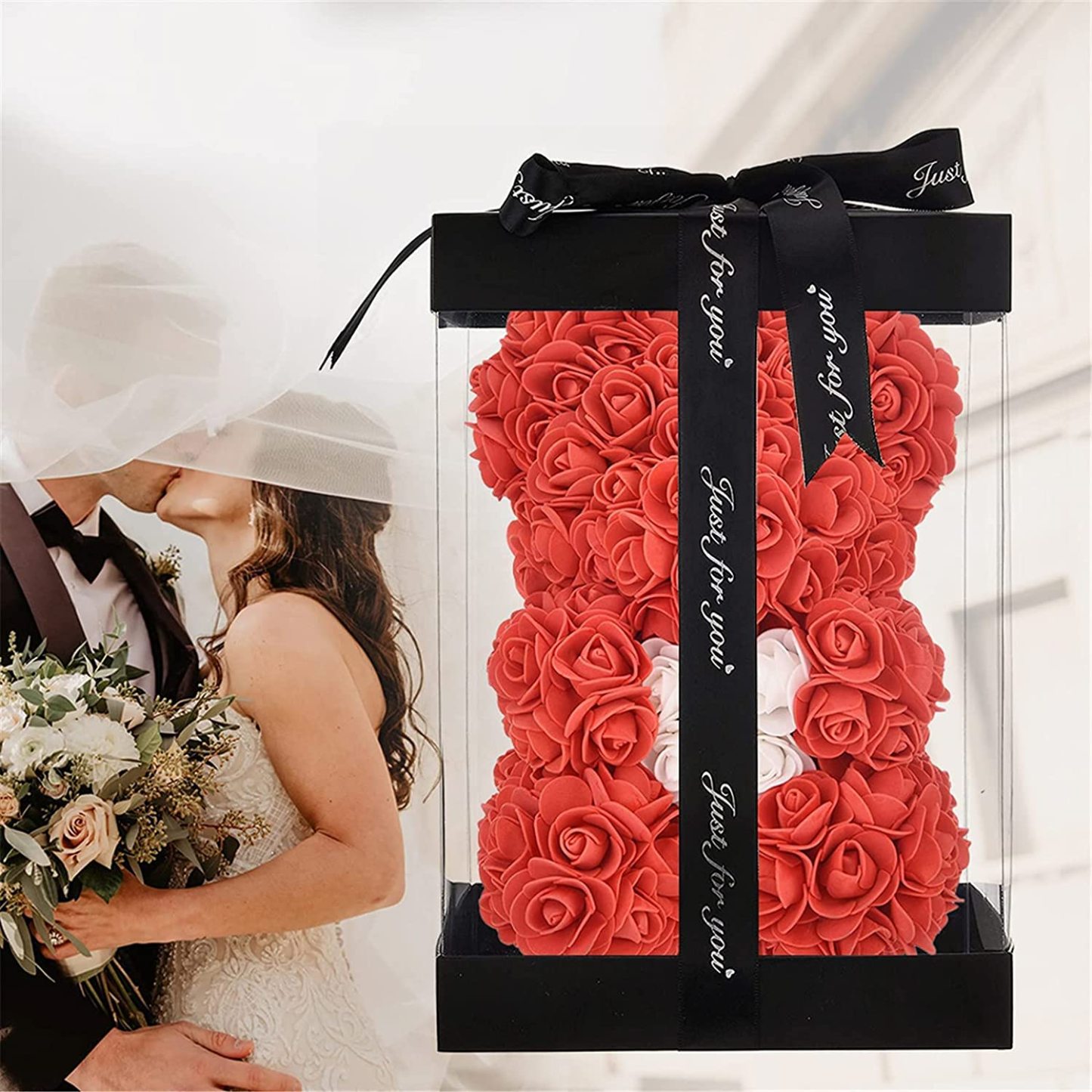 Mother's Day Gift Artificial Rose Teddy Bear Flower Bear With Box String Lights-xinru