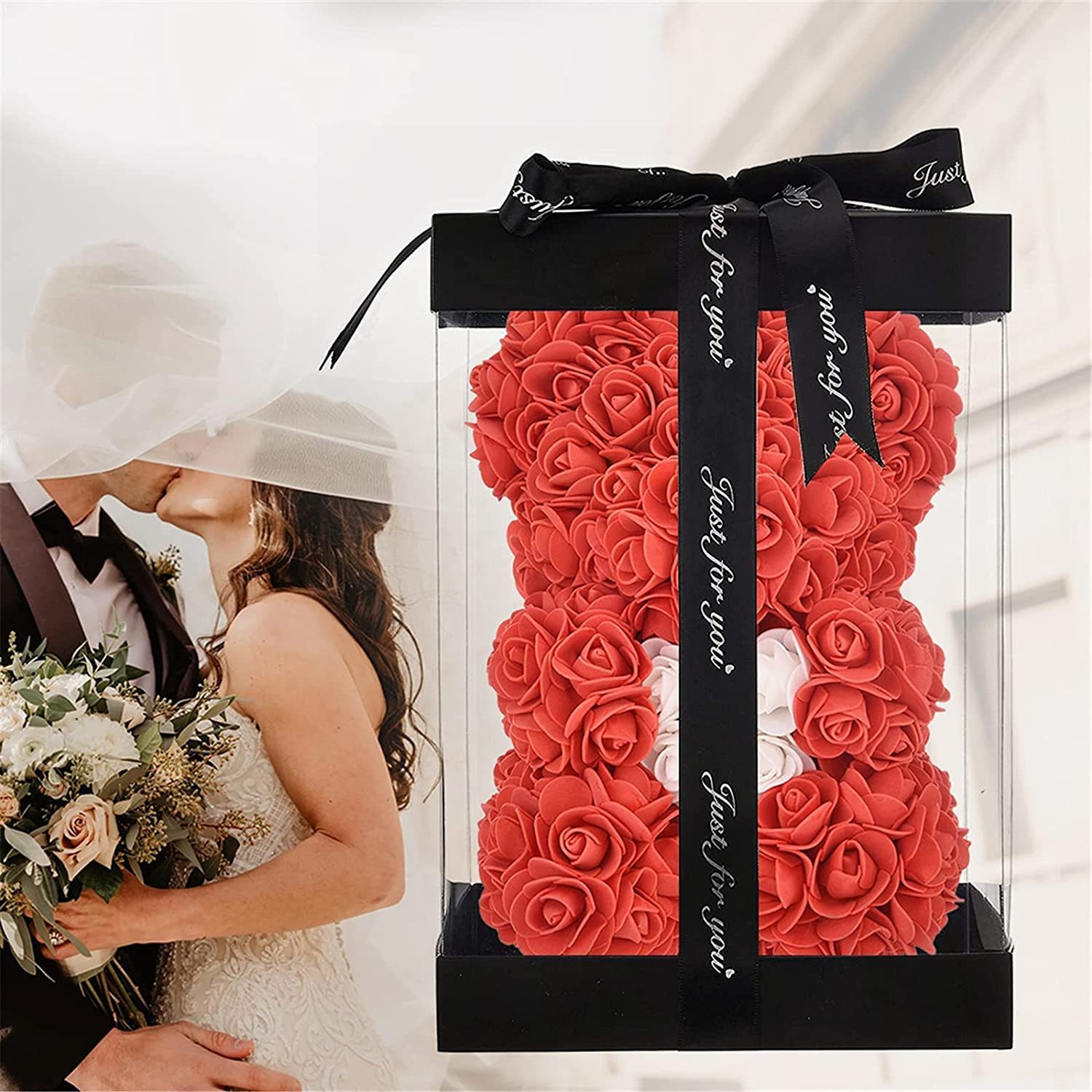 Mother's Day Gift Artificial Rose Teddy Bear Flower Bear With Box String Lights-xinru