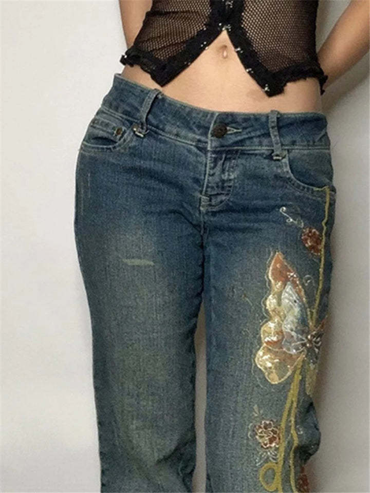 Women Low Waisted Retro Butterfly Print Denim Jeans-xinru