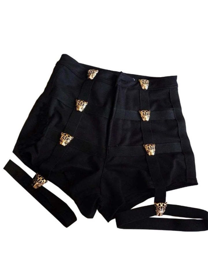 Women Punk Sexy High Waist Shorts With Decorated Metal Leopard-xinru