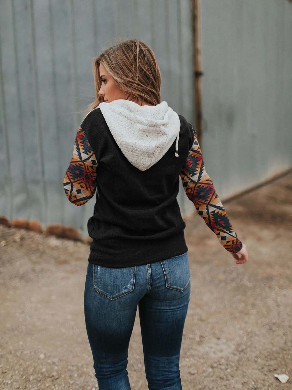 Women's Yellowstone Western Print Hood Collar Colorblock Pocket Sweatshirt-xinru shop