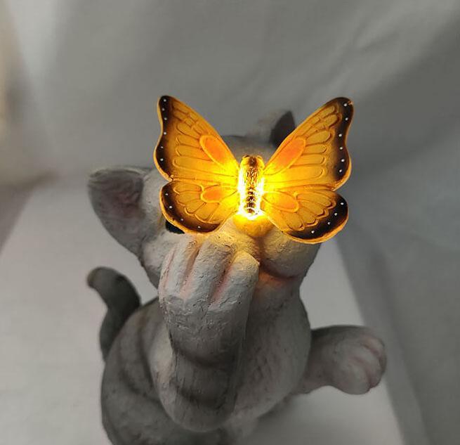 Garden Statue Solar Cat Resin with Butterfly Resin LED Night Light-xinru