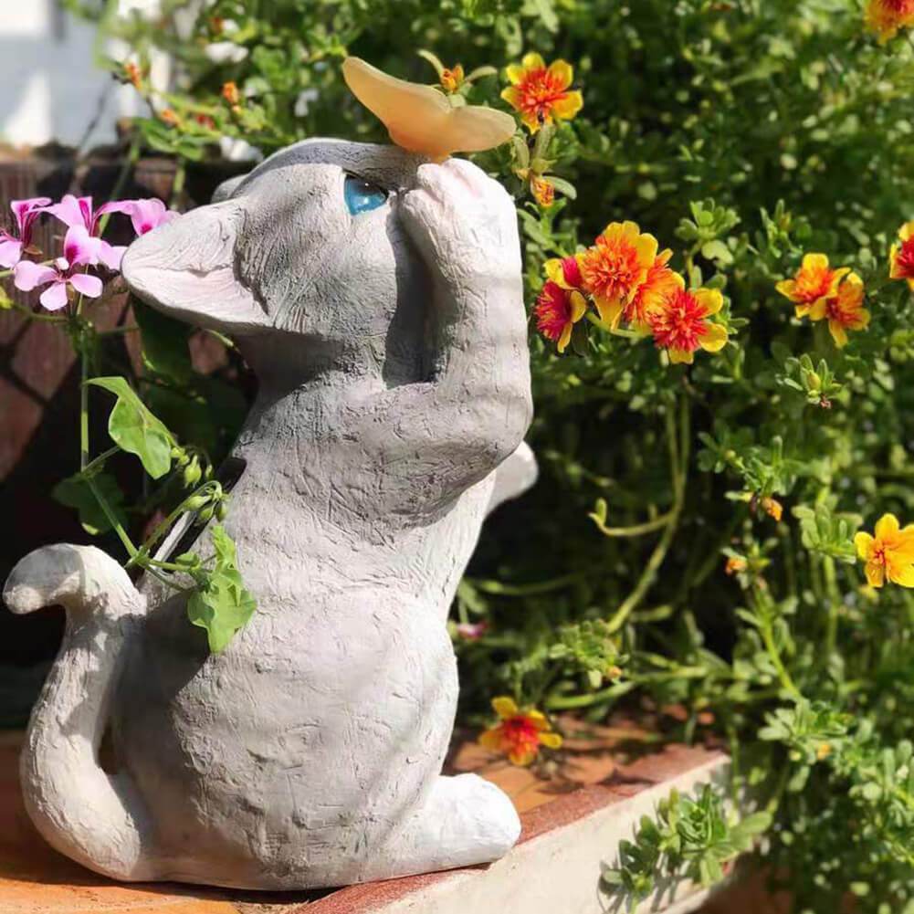 Garden Statue Solar Cat Resin with Butterfly Resin LED Night Light-xinru