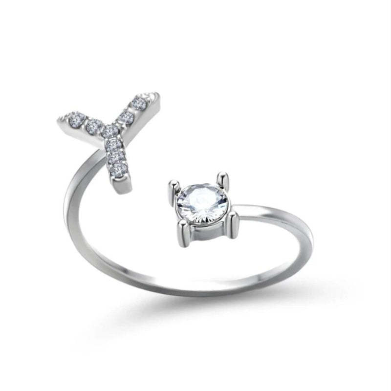 Golden Adjustable A-Z Personalized Initial Letter with Rhinestone Rings-xinru