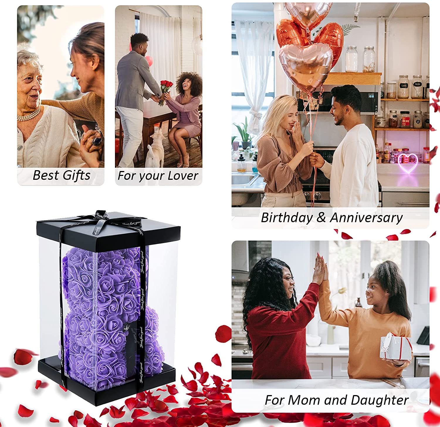 Mother's Day Gift Rose Bear With Light String Necklace Balloon Card Box-xinru