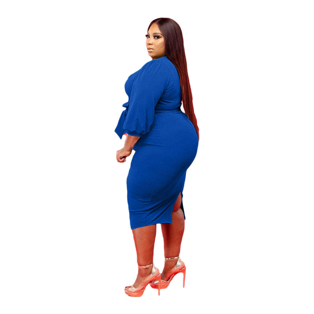 Plus Size Dress Women V Neck Bandage Solid Color Casual Puff Sleeve-xinru
