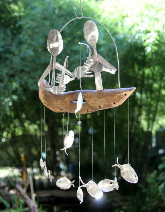 Fishing Man Spoon Fish Sculptures Wind Chime Indoor Outdoor Hanging-xinru