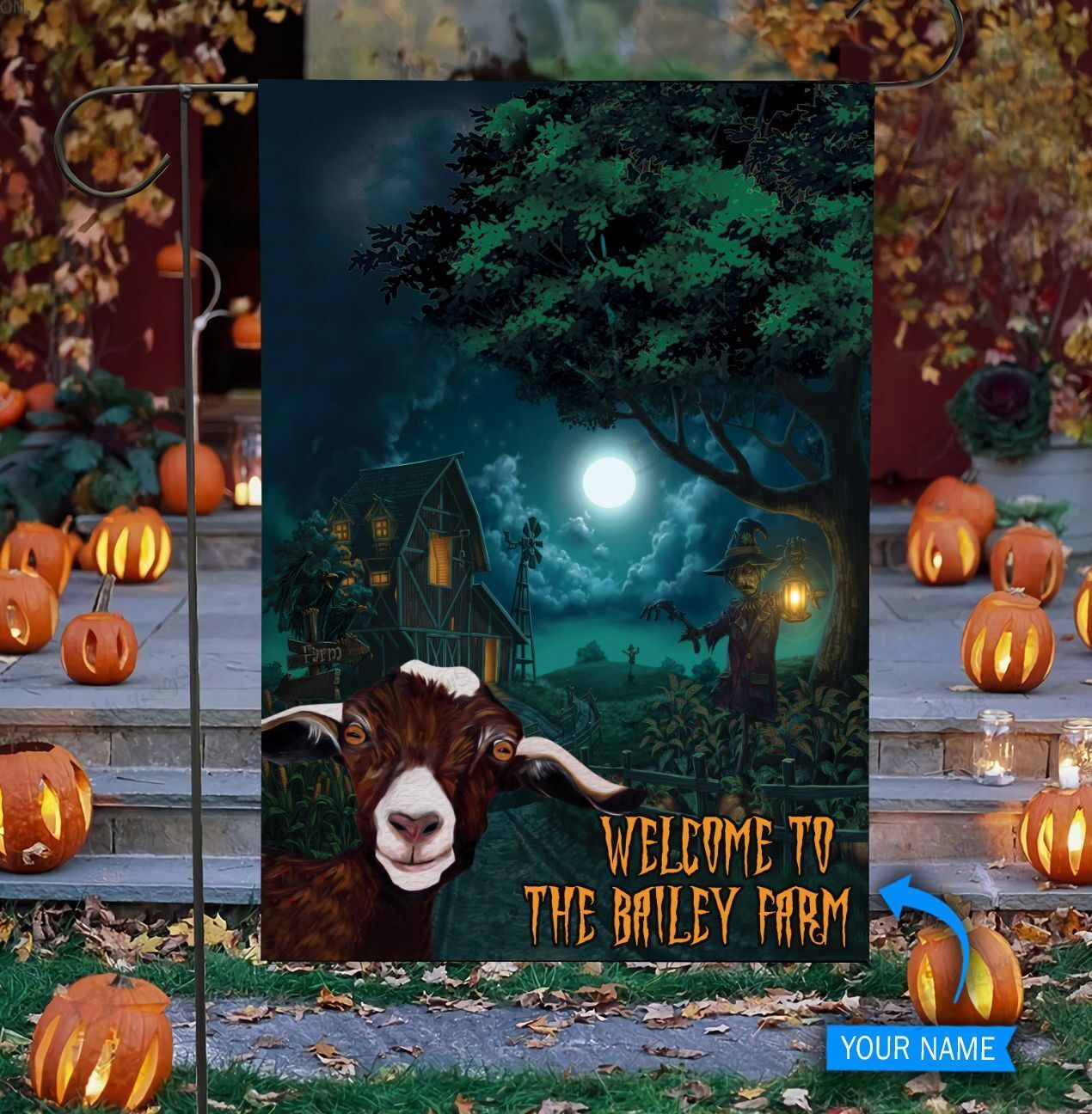 Personalized-Custom Name Goat Welcome Halloween Green Halloween Gifts Garden House Flag-xinru shop