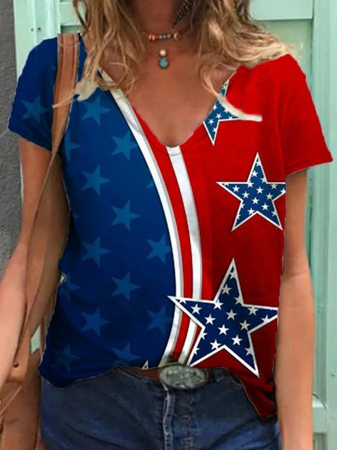 Women Independence Day Clothing Flag Print Short Sleeve T-Shirt-xinru