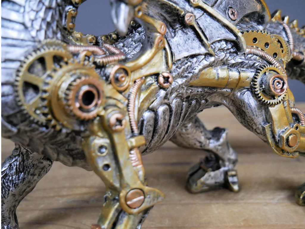 Metallic Silver and Gold Gothic Steampunk Dragon Statue-xinru
