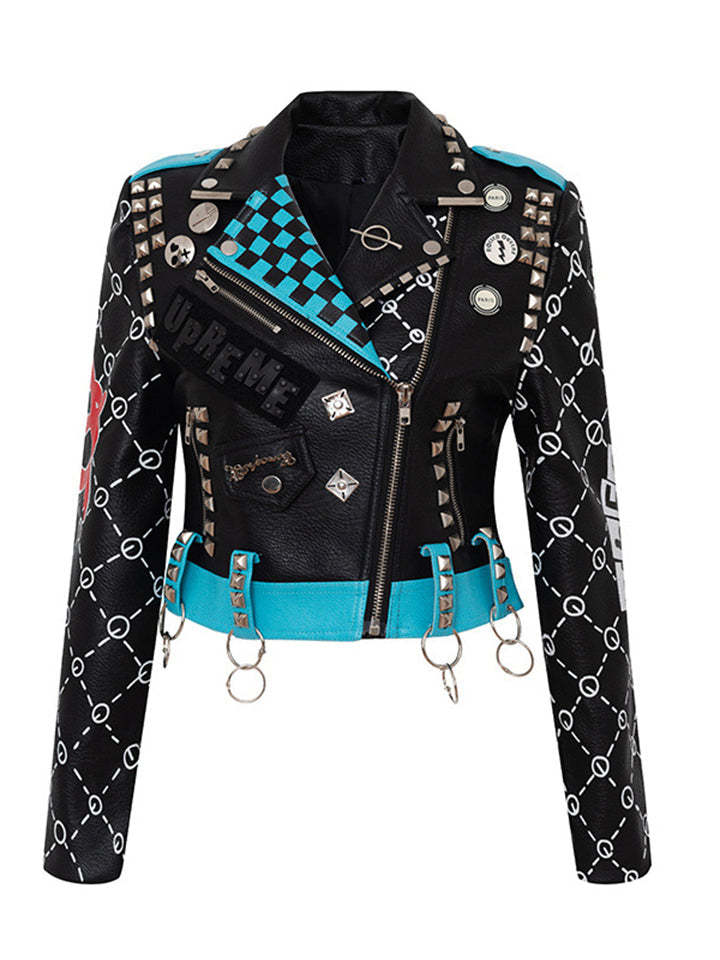 Cool Wanna Be Me Graffiti Cropped Leather Locomotive Jacket-xinru