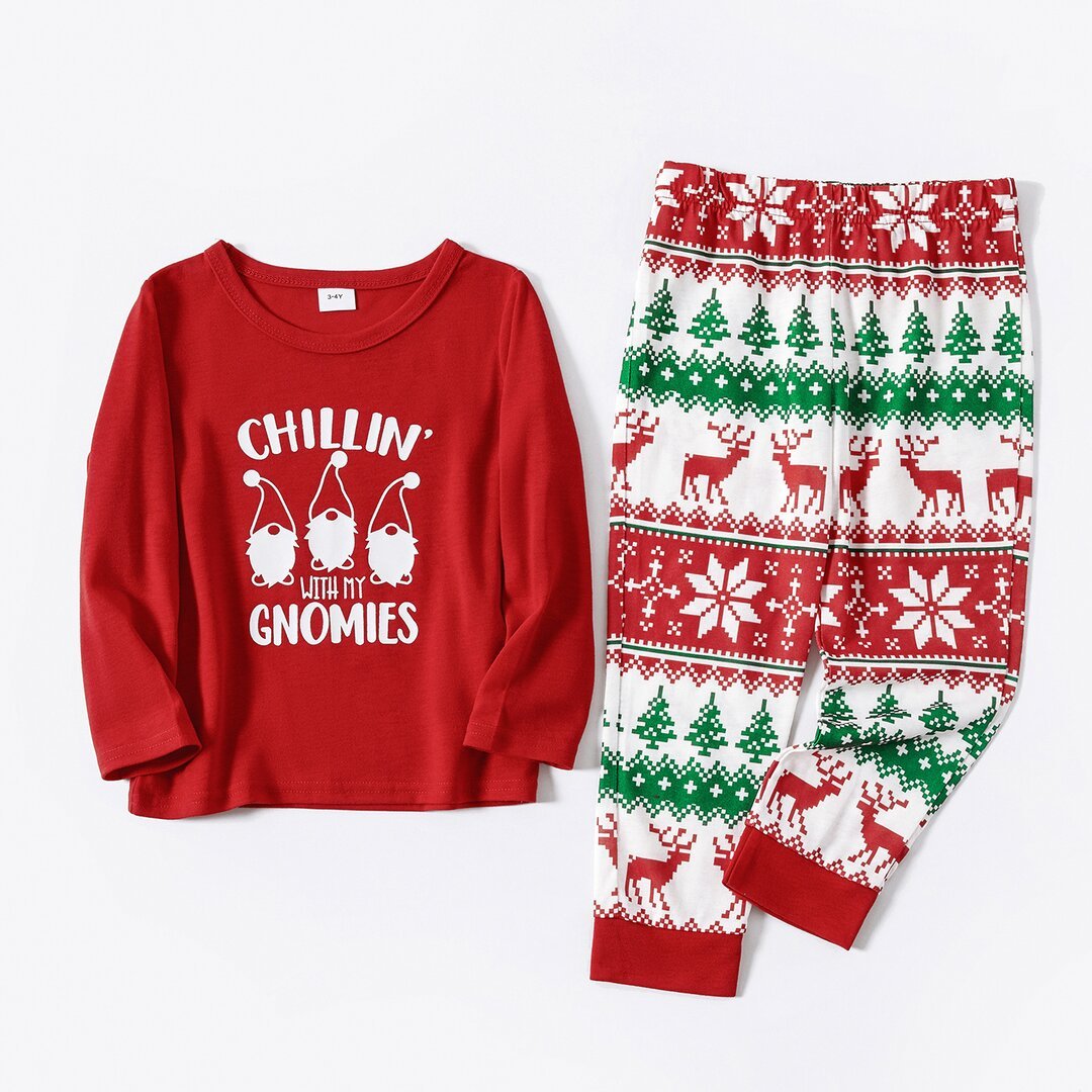 Christmas Gnome and Letter Print Red Family Matching Long-sleeve Plus Size Pajamas Sets With Pets-xinru shop