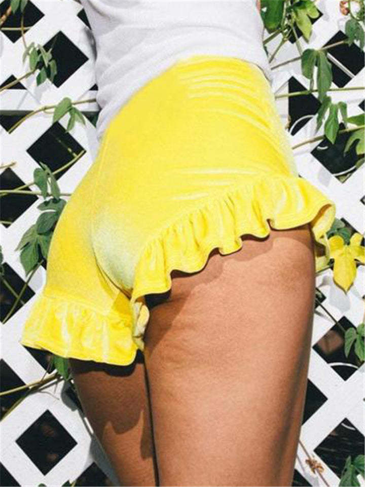 Women Velvet Shorts Casual High Waist Sexy Ruffle Shorts-xinru