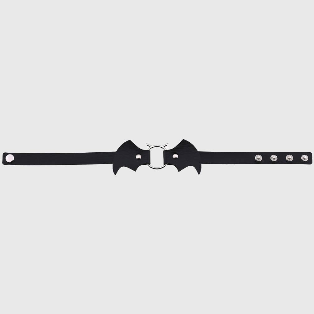 Women Heart Rivet Bat Wings Black Leather Choker Collar Necklace Party-xinru