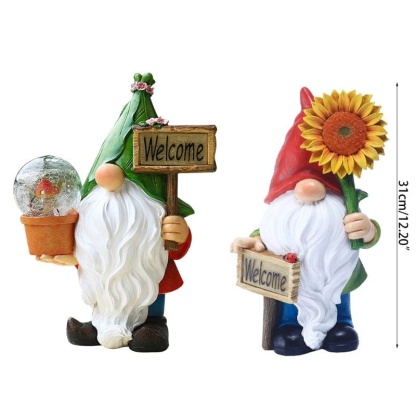 Garden Gnomes Statue With Solar Lights Figurines Holding Welcome Sign-xinru