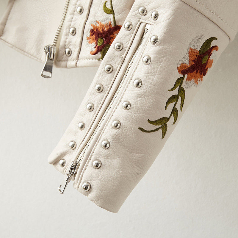 Retro Floral Print Embroidery Faux Soft Leather Jacket-xinru