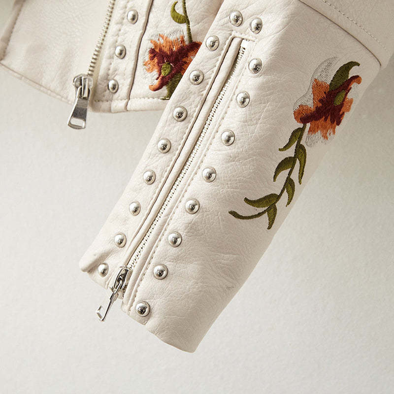 Retro Floral Print Embroidery Faux Soft Leather Jacket-xinru