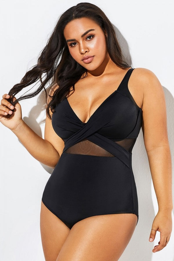 Black Cut Out Mesh Underwire One Piece Swimsuit-xinru shop