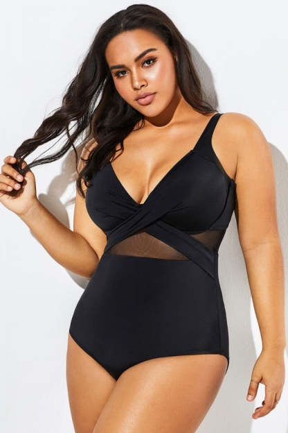 Black Cut Out Mesh Underwire One Piece Swimsuit-xinru shop