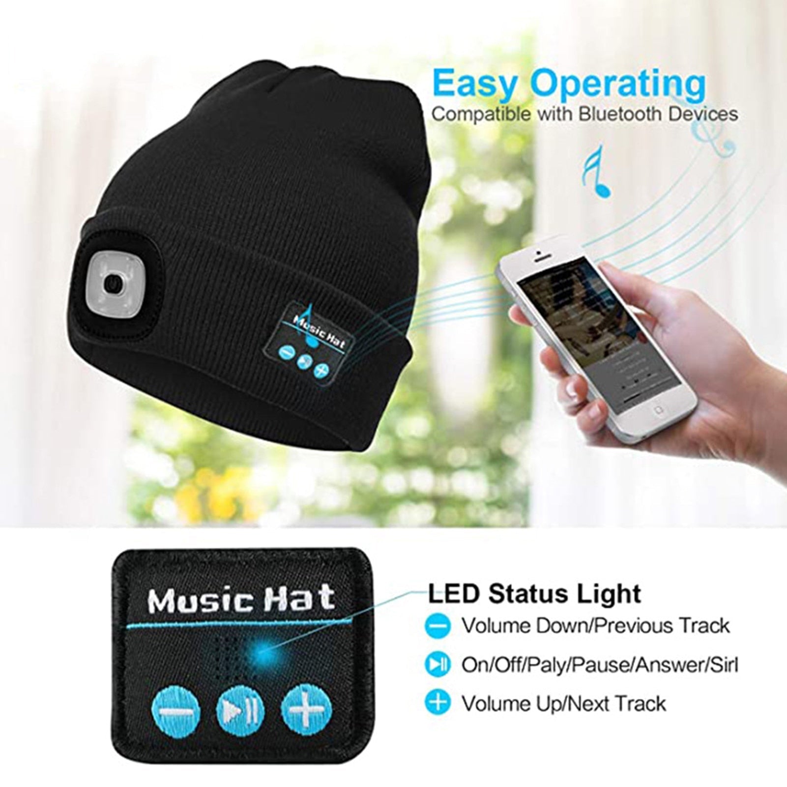 Hat Wireless Bluetooth 5.0 Cap Headphone Headset With LED Light-xinru