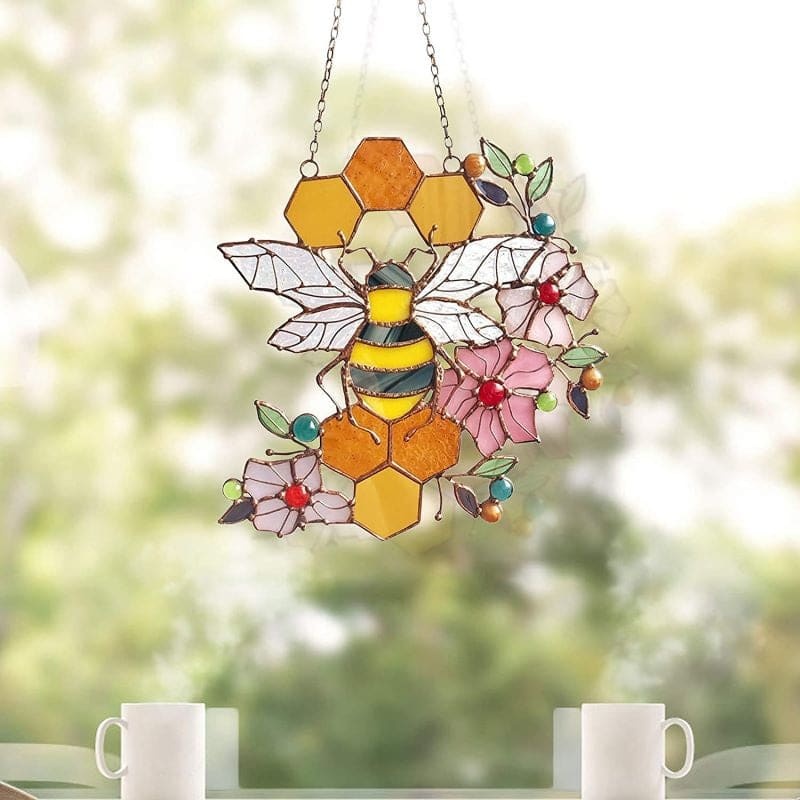 Honeycomb Stained Glass Window Bee Hanging Ornament Garden Decor-xinru