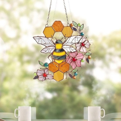 Honeycomb Stained Glass Window Bee Hanging Ornament Garden Decor-xinru