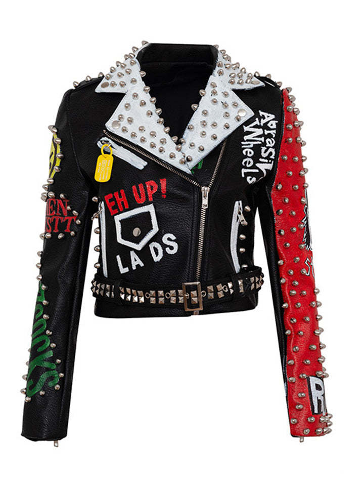 Women Street Style Graffiti Spiked Leather Jacket-xinru