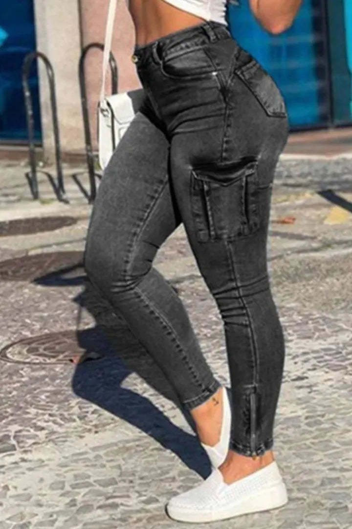 Flap Pocket Zipper Side Skinny Jeans-xinru