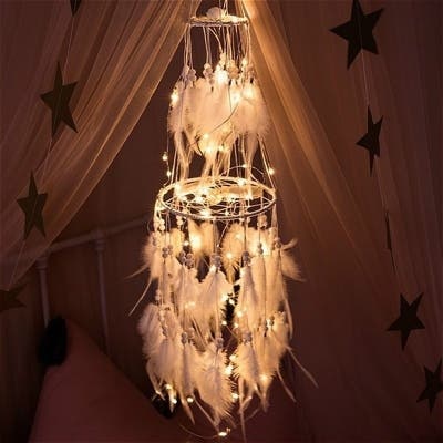 LED Light Dream Catcher Light String White Feather Night Light Home Party-xinru