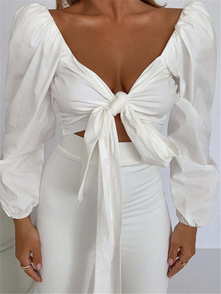 Women Sexy Fashion Lace-up Bow Crop Tops-xinru