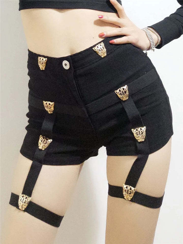 Women Punk Sexy High Waist Shorts With Decorated Metal Leopard-xinru