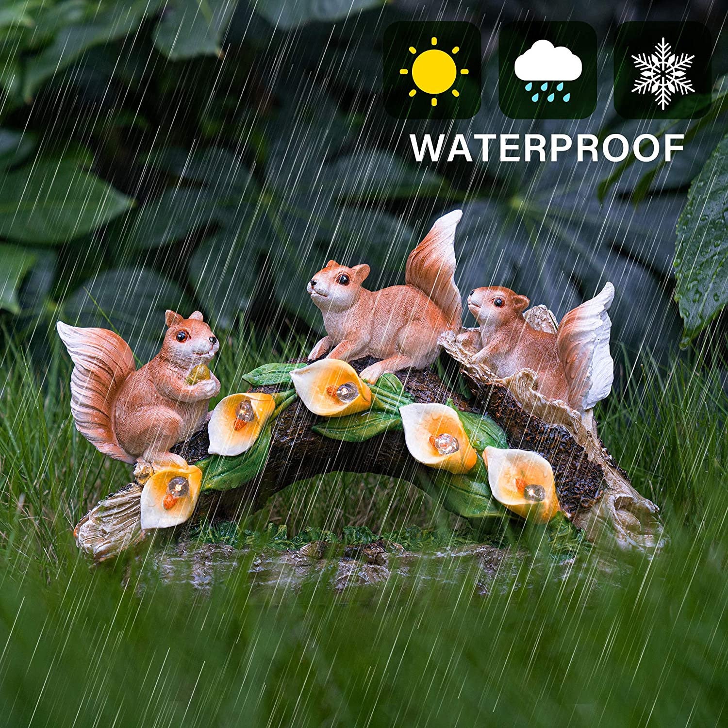 Solar Garden Squirrel Figurines Waterproof With 5 Calla Lily Lights-xinru shop