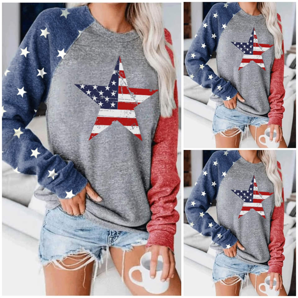 American Flag Star Print Colorblock Top-xinru