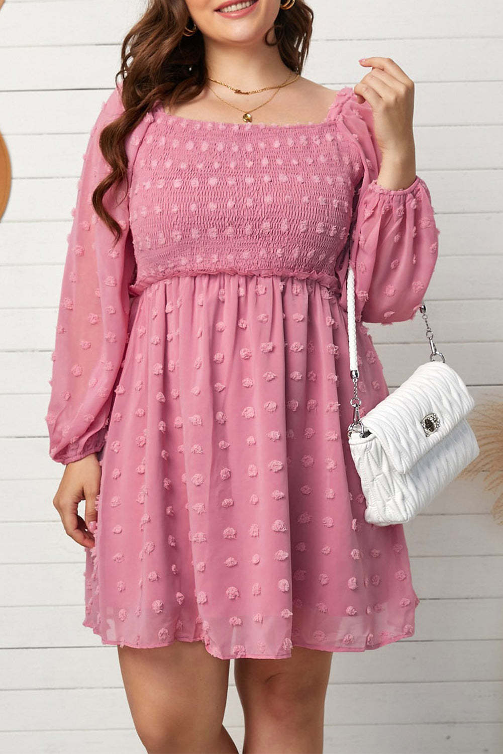 Pink Swiss Dot Smocked Puff Sleeve Plus Size Dress-xinru
