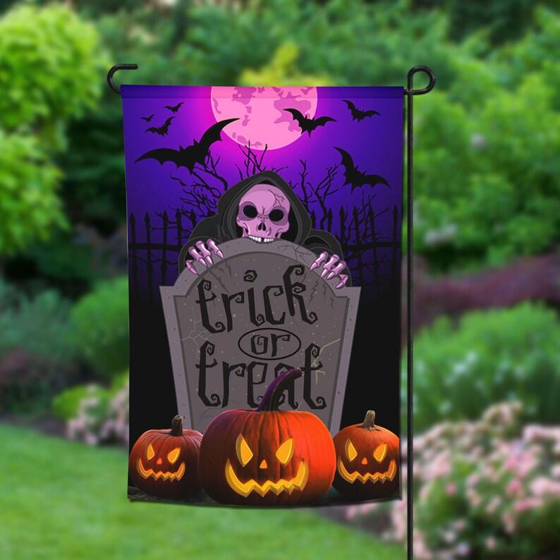 Trick Or Treat Death Halloween Black Purple Halloween Gifts Garden House Flag-xinru shop