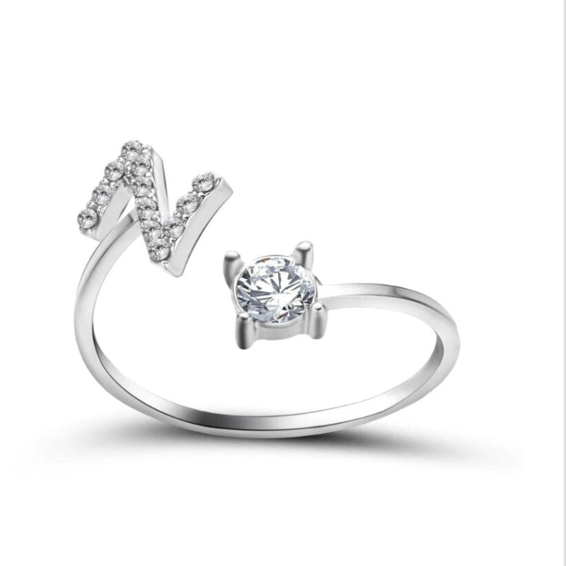 Golden Adjustable A-Z Personalized Initial Letter with Rhinestone Rings-xinru