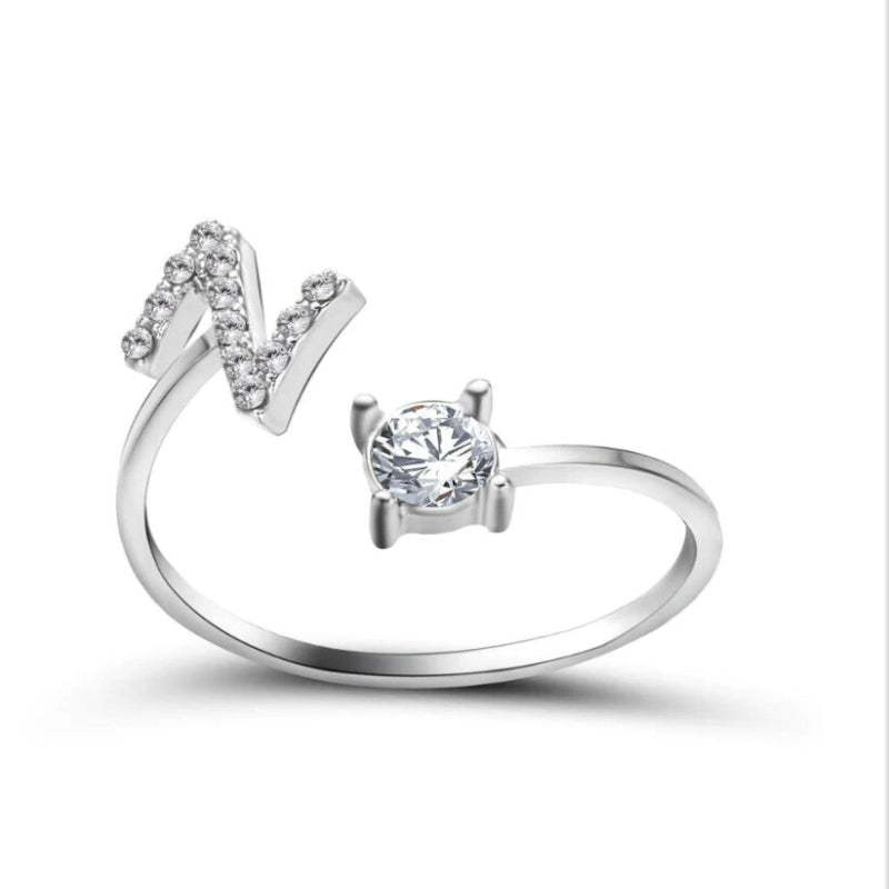 Golden Adjustable A-Z Personalized Initial Letter with Rhinestone Rings-xinru