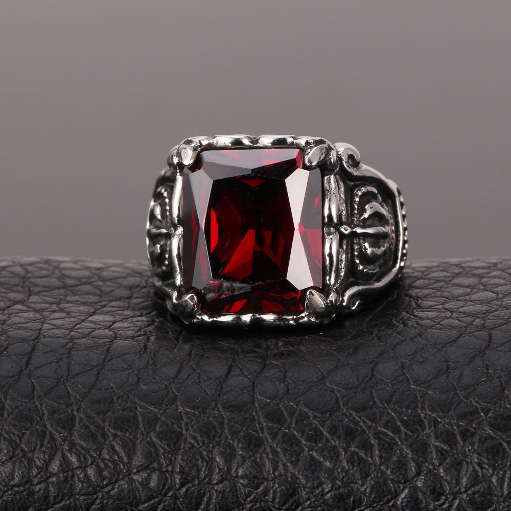Vintage Stainless Steel Ruby Crystal Crown Ring For Men-xinru