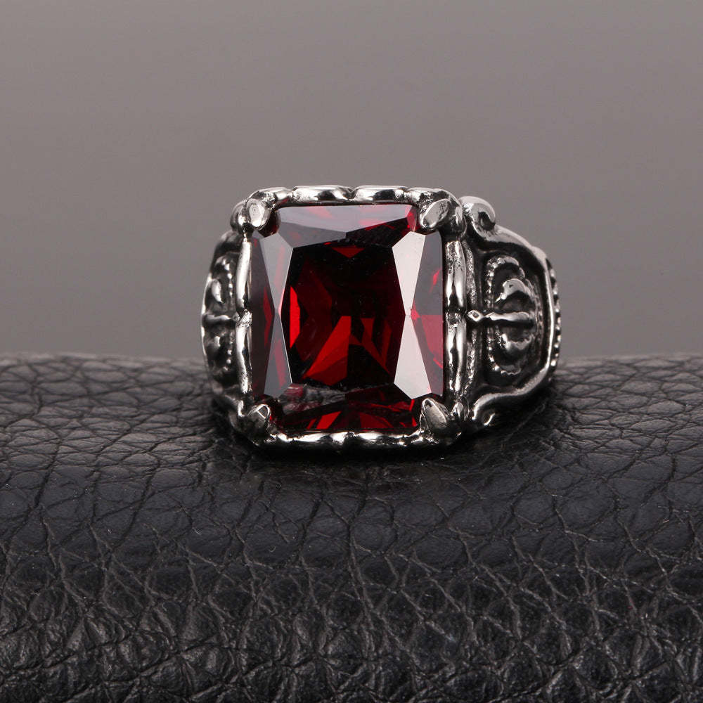 Vintage Stainless Steel Ruby Crystal Crown Ring For Men-xinru