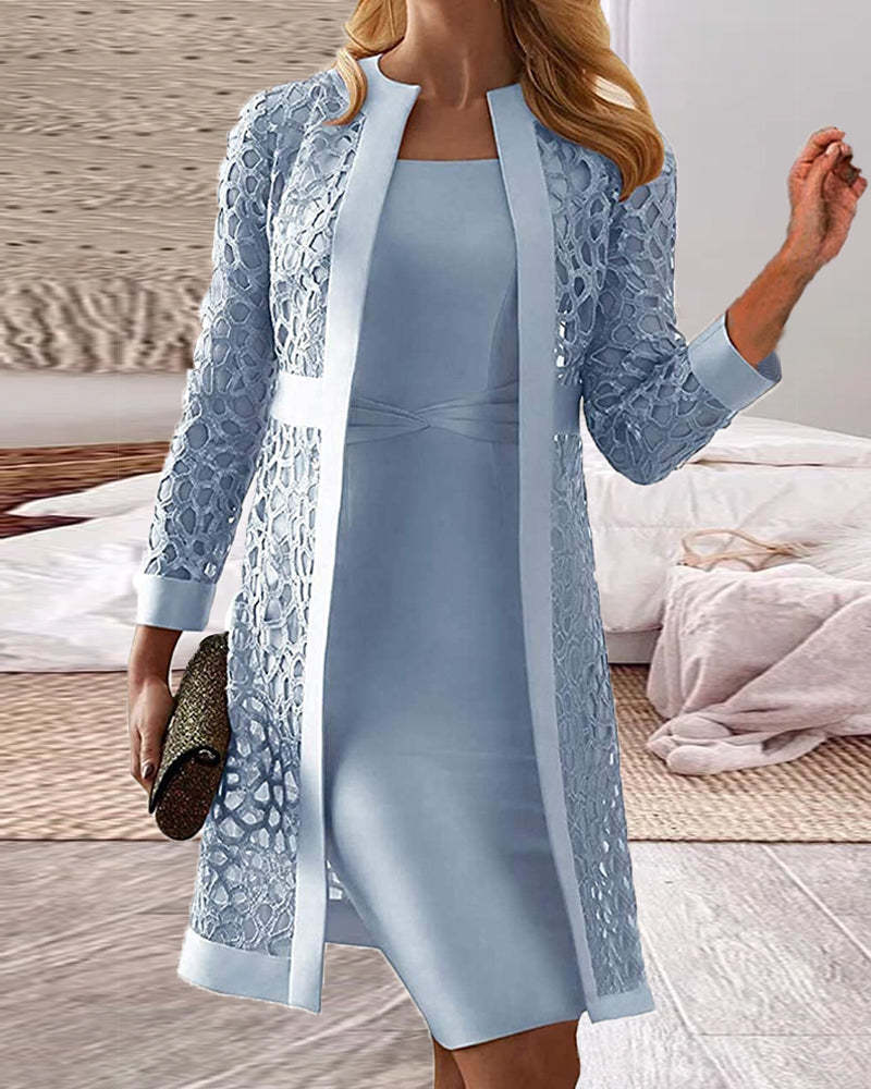 Women's Solid Color Casual Lace Cardigan Dress Two Piece Sets-xinru