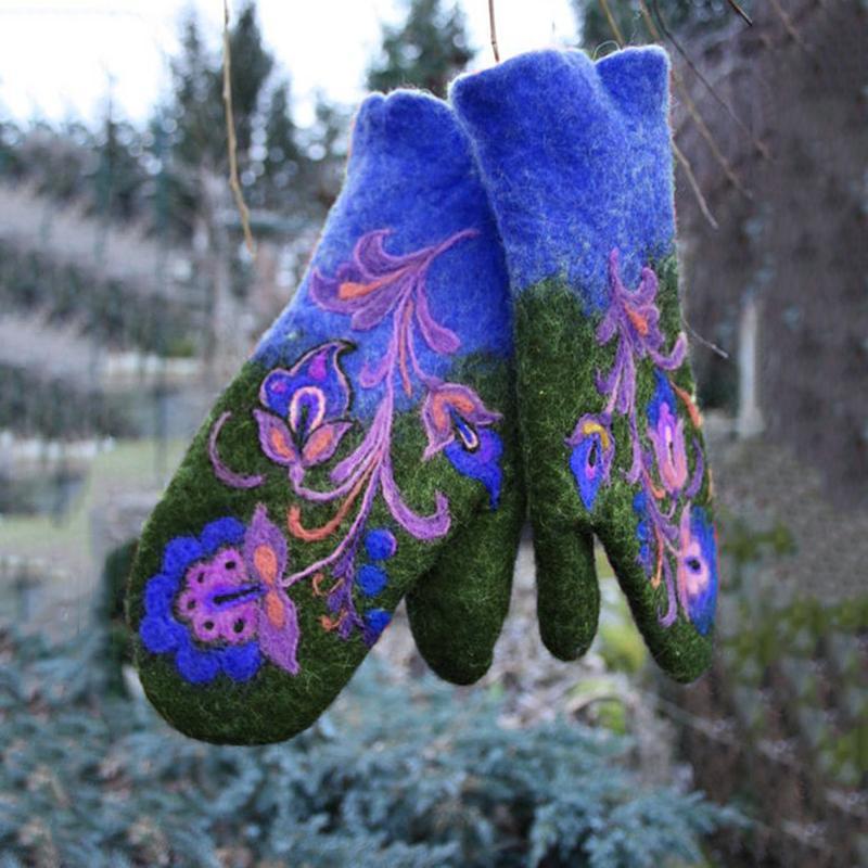 Thicken Color Block Embroidered Winter Warm Gloves-xinru shop