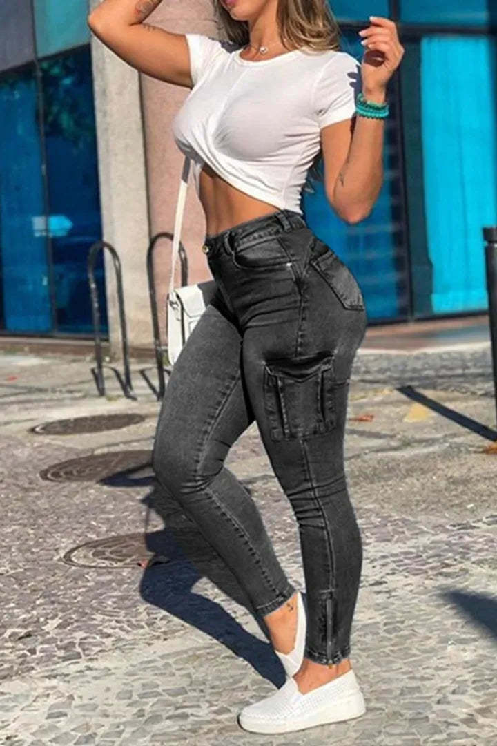 Flap Pocket Zipper Side Skinny Jeans-xinru