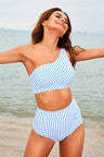 Striped One Shoulder High Waist Bikini Set-xinru shop